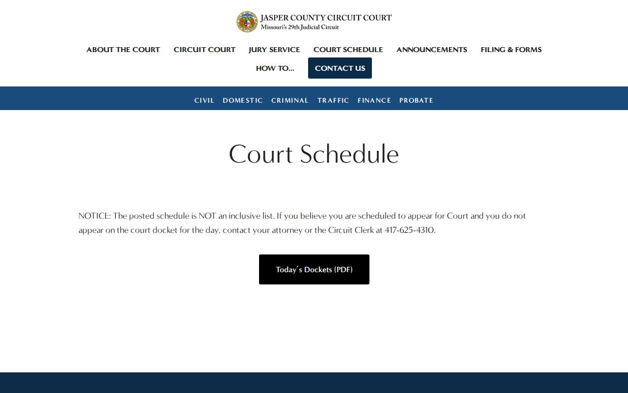 Jasper County court calendar Today's Dockets official schedule route