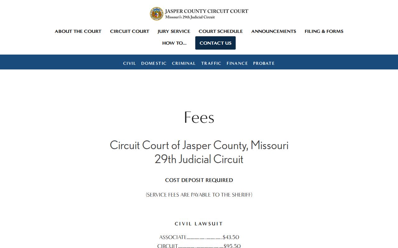 Jasper County court records fees and costs table for copy and certification requests