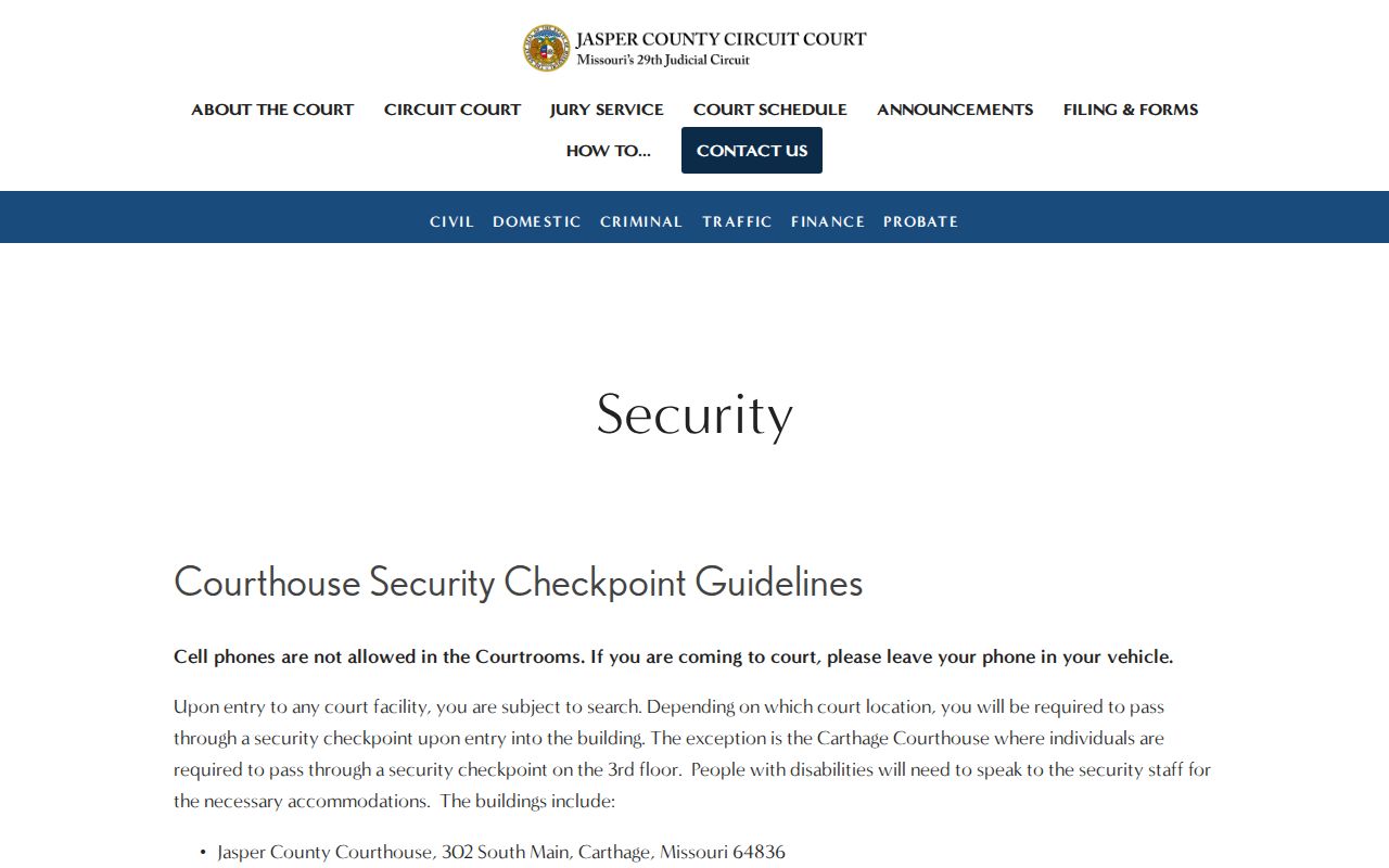 Jasper County criminal court docket courthouse security and screening rules