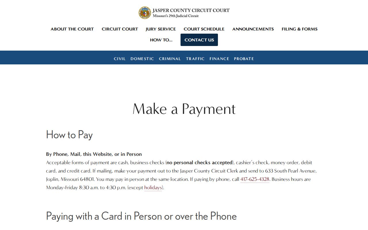 Jasper County traffic court records payment channels from the court payment page