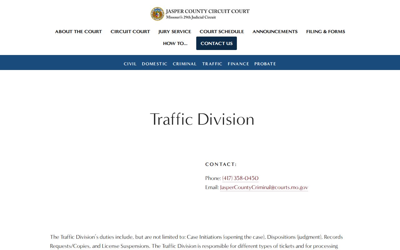 Jasper County traffic court records guidance from the Traffic Division
